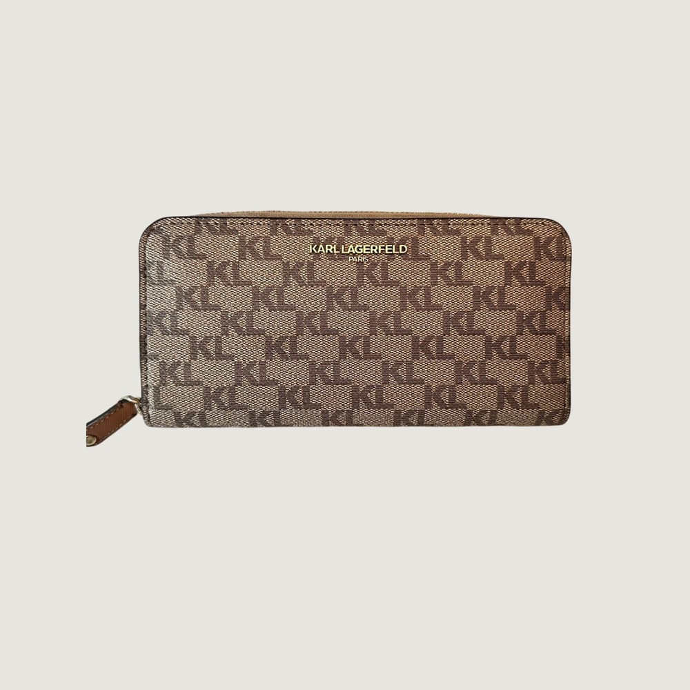 Karl Lagerfeld Zip Around Wallet Women OS Brown Monogram Logo Quiet Luxury